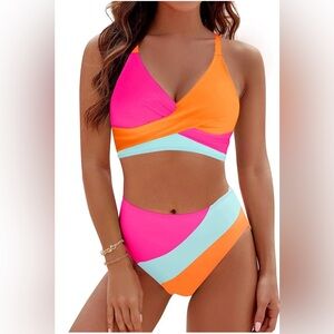 Rosvigor Swimsuit Two Piece Bikini Set Summer Color Block Swimwear